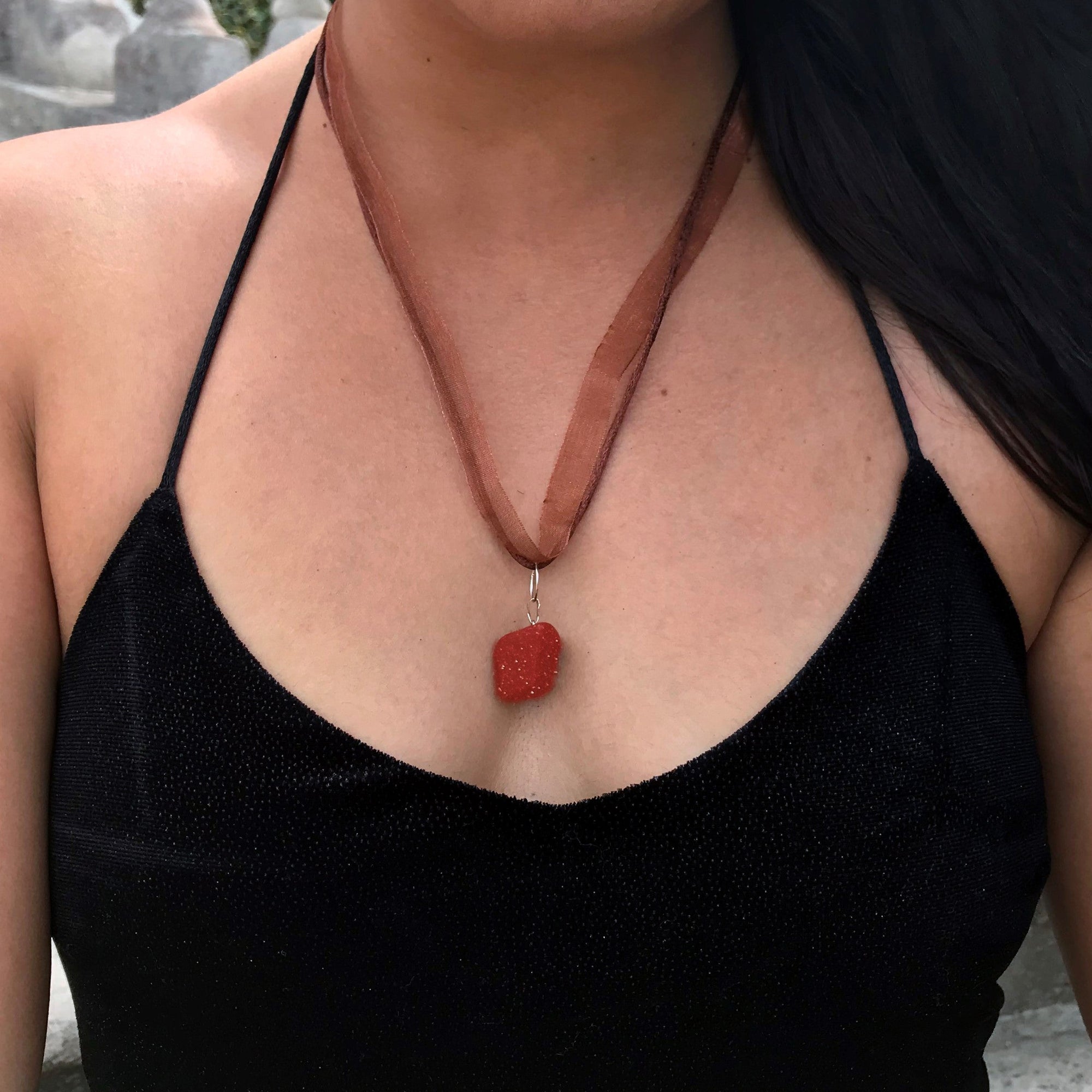 Brown Goldstone Necklace, Brown Ribbon Necklace, Gemstone Necklace | by nlanlaVictory-3