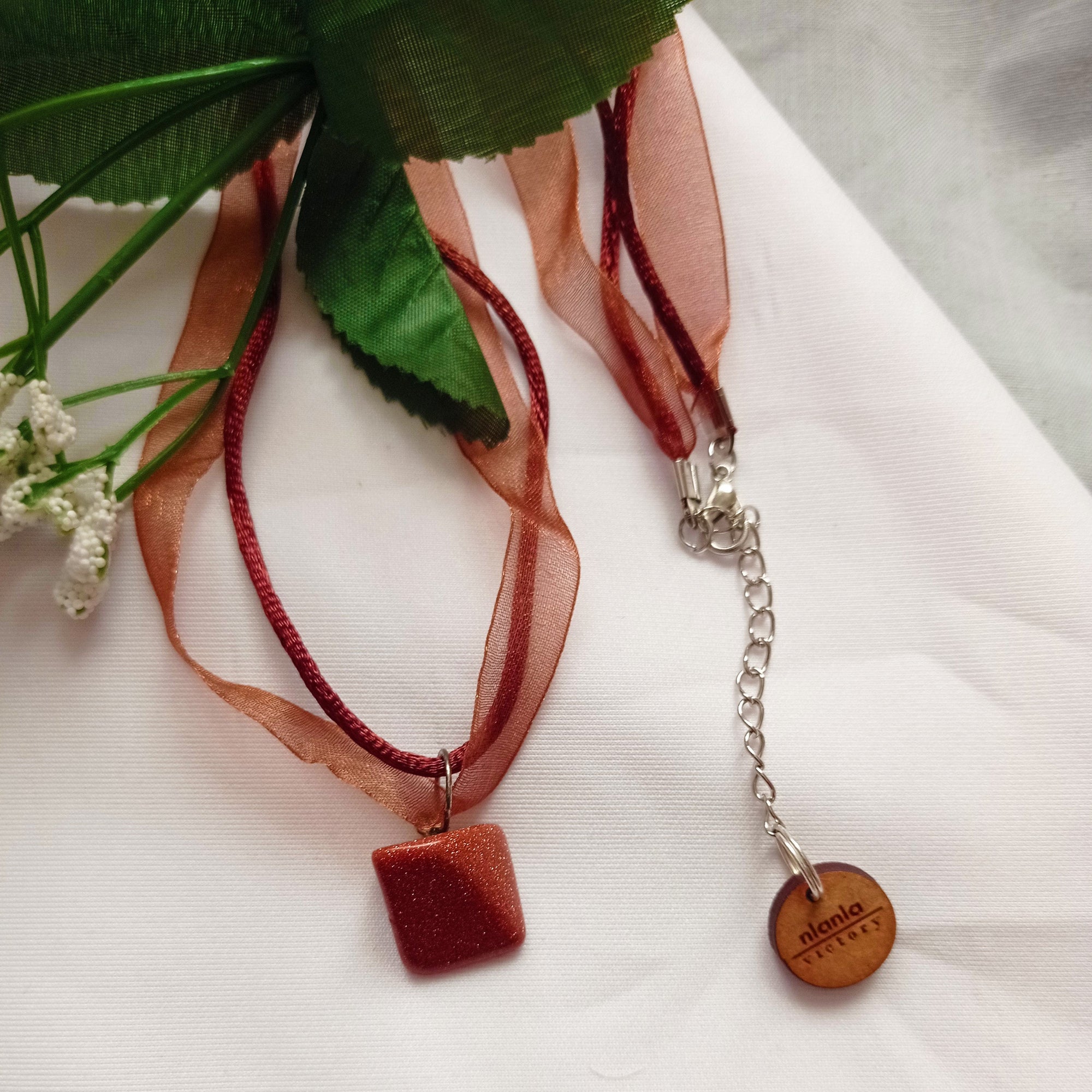 Brown Goldstone Necklace, Brown Ribbon Necklace, Gemstone Necklace | by nlanlaVictory-4